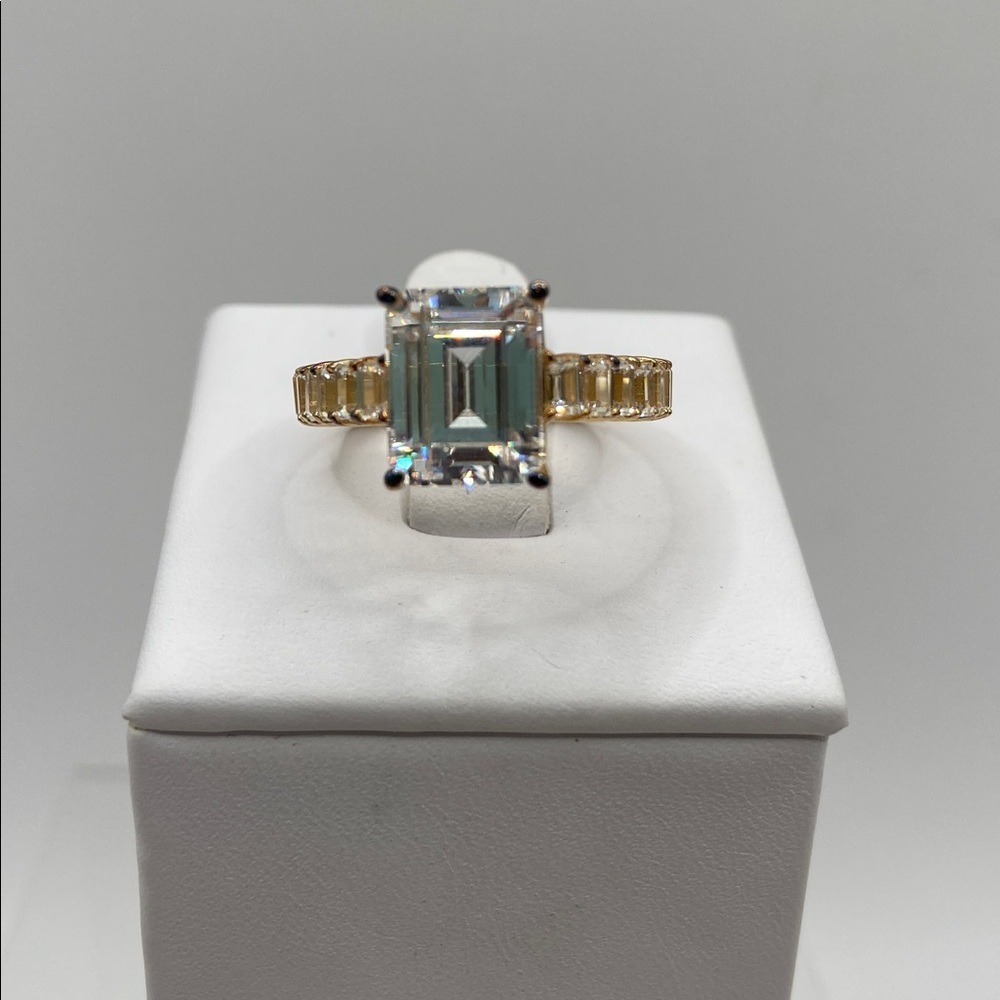 Sterling Silver 925 14K Gold Plated Emerald Baguette Simulated Diamond Ring